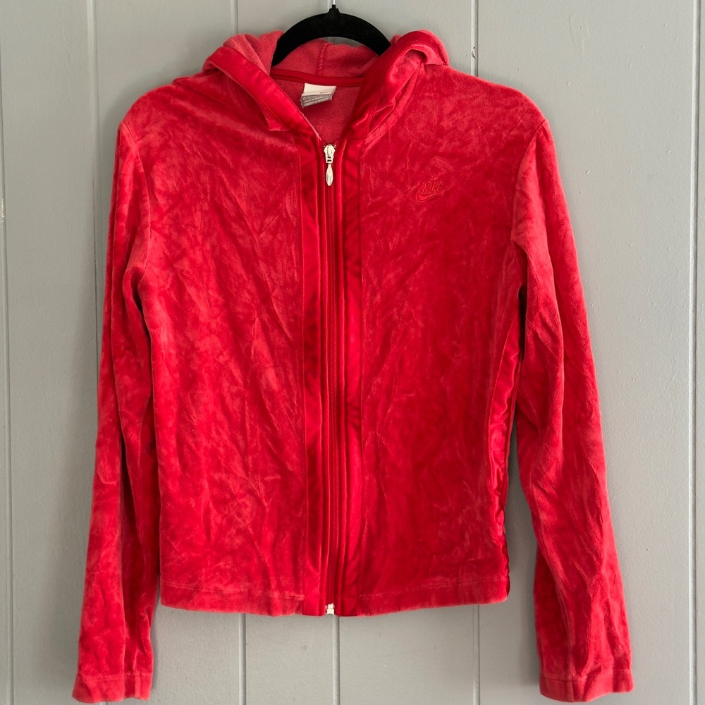 Nike red velour zip hoodie Y2K track jacket womens L soft plush retro loungewear